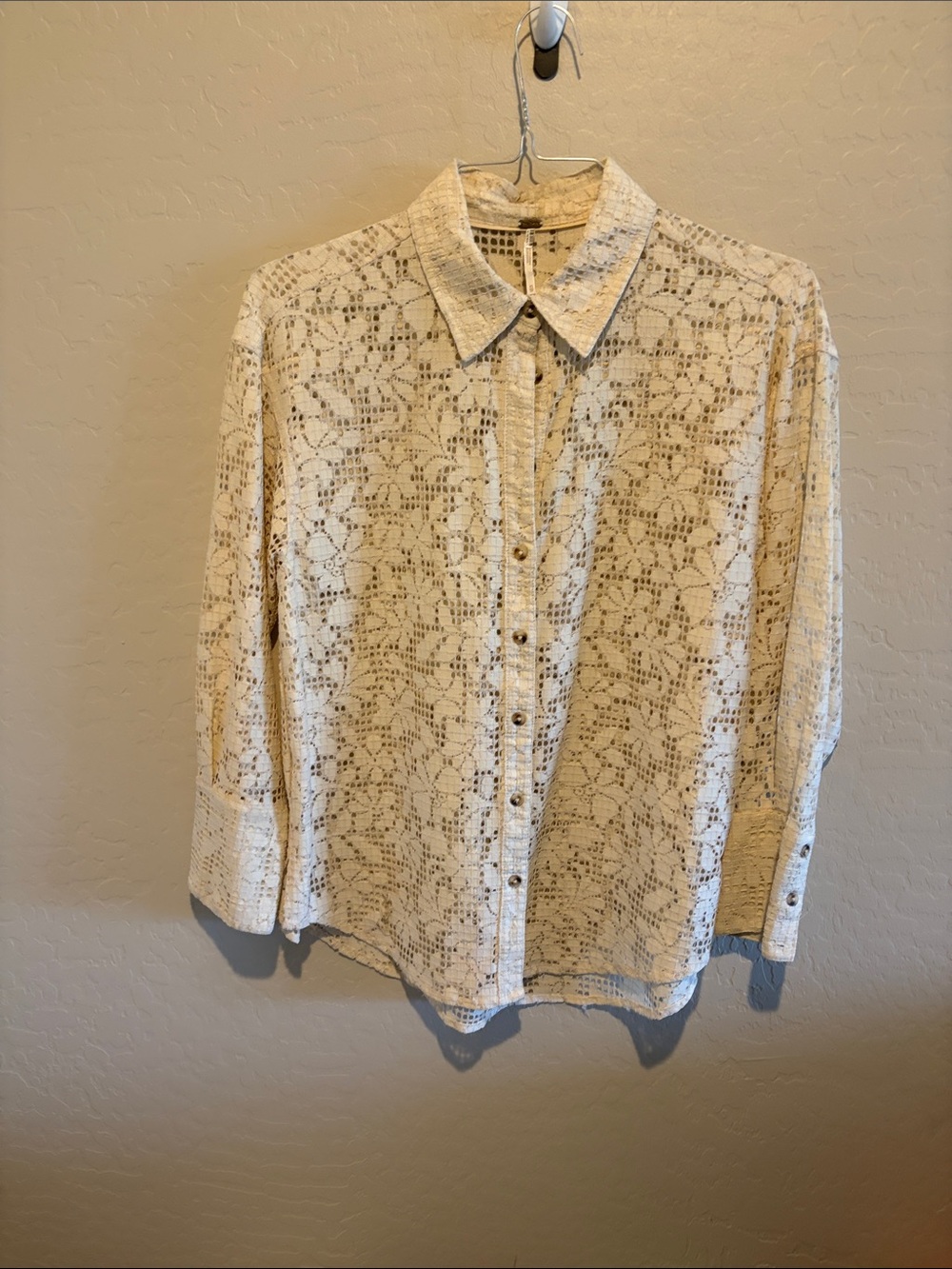 Free People Ivory Crochet Lace Button-Down Shirt